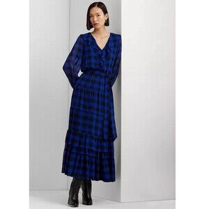 LAUREN RALPH LAUREN Black Label Blue Buffalo Check Belted Georgette Dress Size 0